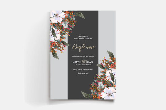 WEDDING INVITATION FRAME WITH FLOWER DECORATIONS AND FRESH LEAVES