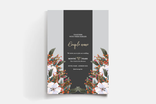 WEDDING INVITATION FRAME WITH FLOWER DECORATIONS AND FRESH LEAVES