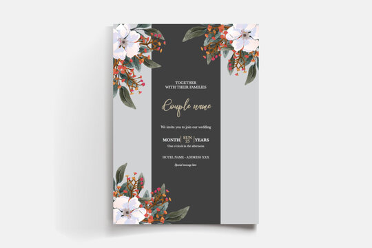 WEDDING INVITATION FRAME WITH FLOWER DECORATIONS AND FRESH LEAVES