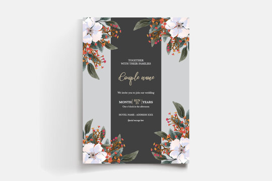WEDDING INVITATION FRAME WITH FLOWER DECORATIONS AND FRESH LEAVES
