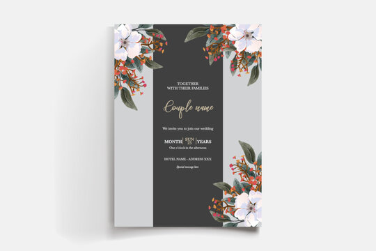 WEDDING INVITATION FRAME WITH FLOWER DECORATIONS AND FRESH LEAVES