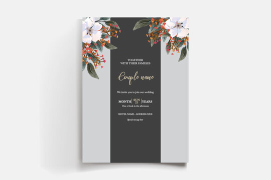 WEDDING INVITATION FRAME WITH FLOWER DECORATIONS AND FRESH LEAVES