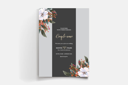 WEDDING INVITATION FRAME WITH FLOWER DECORATIONS AND FRESH LEAVES