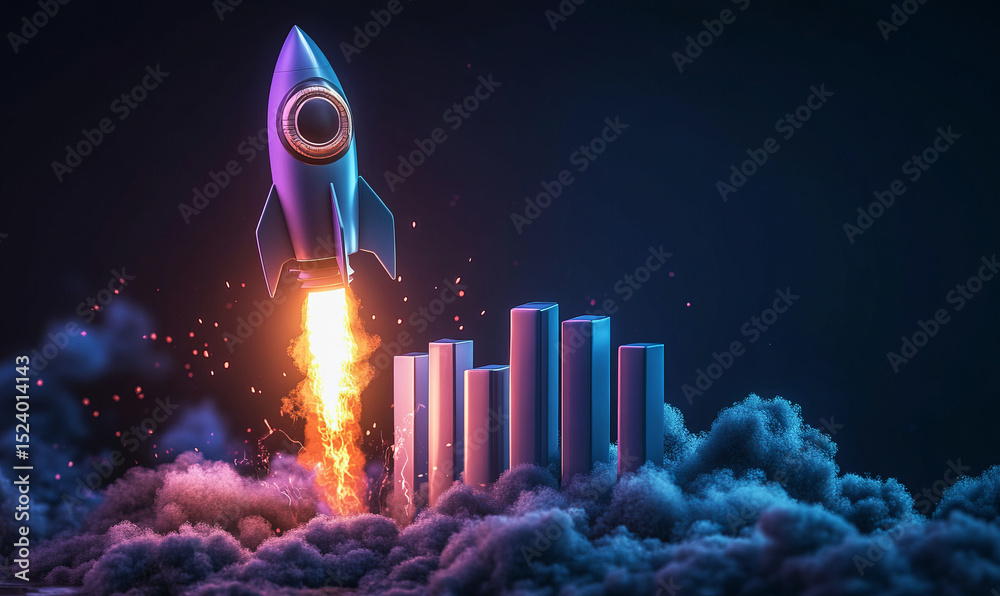 rocket taking off with a bar graph of business growth on a dark ...