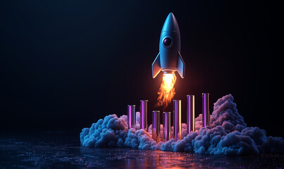 Wall Mural - rocket taking off with a bar graph of business growth on a dark background,  concept success and business growth,