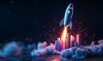 Wall Mural - rocket taking off with a bar graph of business growth on a dark background,  concept success and business growth,