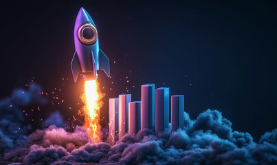 Wall Mural - rocket taking off with a bar graph of business growth on a dark background,  concept success and business growth,