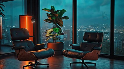 Poster - Modern living room with city view at night