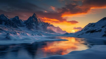 Wall Mural - Majestic snow-capped mountains reflecting in serene lake at vibrant sunset