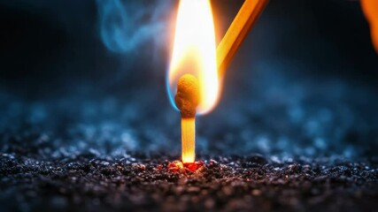 Poster - Glowing matchstick emitting smoke against blue blurred background, abstract concept