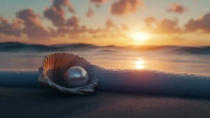 Poster - Pearl in an open seashell on sandy beach at sunset reflecting golden hues