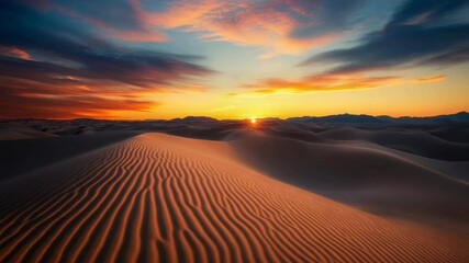 Poster - Sunset over vast sand dunes with dramatic sky, serene desert landscape