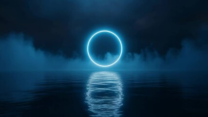 Poster - Glowing blue circle above dark misty water with reflection at night