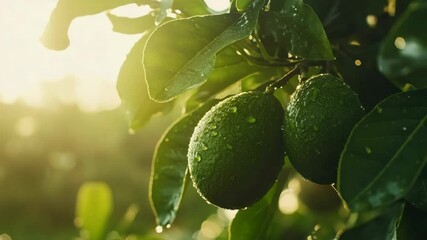 Poster - Green avocados with water droplets hanging on tree in sunny garden