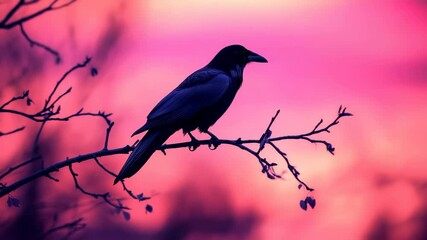 Poster - Black crow perched on a bare branch against a vivid pink sunset sky