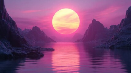 Poster - Majestic pink sunset over serene lake between rocky mountains