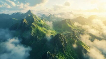 Poster - Aerial view of lush green mountains with mist in golden sunlight, serene landscape