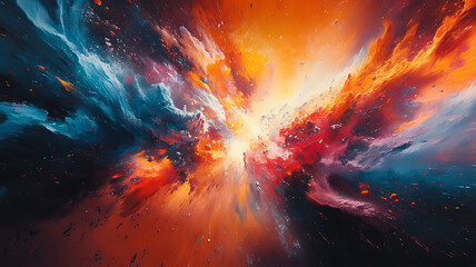 Poster - Dramatic cosmic explosion of colors red orange and blue artistically blended abstract painting background
