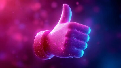 Poster - Glowing thumb up gesture in pink and blue neon light, digital illustration