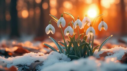 Poster - Snowdrops blooming in snowy forest at sunrise with orange glow, nature awakening