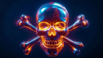 Poster - Glowing blue and orange skull and crossbones on dark background, digital art