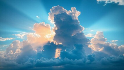 Poster - Sunlight beams breaking through fluffy clouds in a clear blue sky