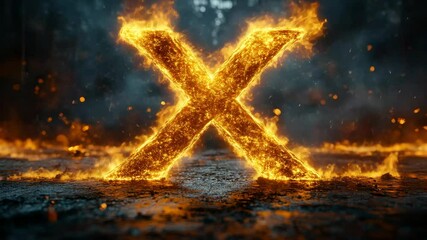 Poster - Fiery letter x ablaze in a dark forest background, symbolizing intensity