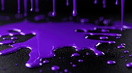 Poster -   A purple paint drip descends onto a black surface, accompanied by droplets of water at the base and tip of each droplet