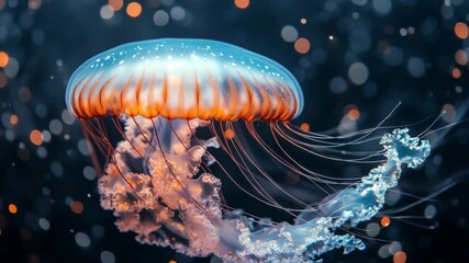Poster - Glowing jellyfish with long tentacles floating in dark ocean, digital art