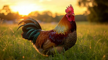 Poster - Vibrant rooster standing in sunlit meadow at sunrise, nature photography