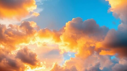 Poster - Dramatic orange and blue sky with fluffy clouds at sunset, nature background