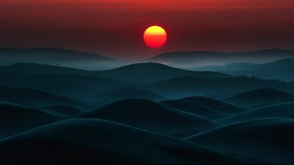 Poster - Serene landscape with a red sunset over misty hills, ethereal and tranquil