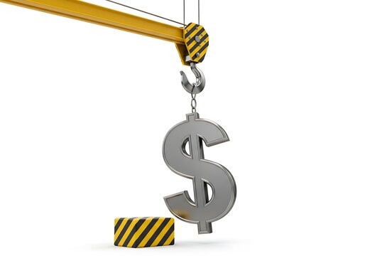 Crane lifting dollar sign symbol isolated on white background