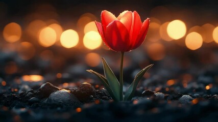 Aufkleber - Red tulip blooming in soft bokeh lights at dawn, a symbol of hope and renewal