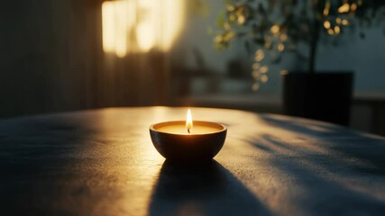 Poster - Soft sunlight illuminating a solitary candle on a wooden table, peaceful atmosphere