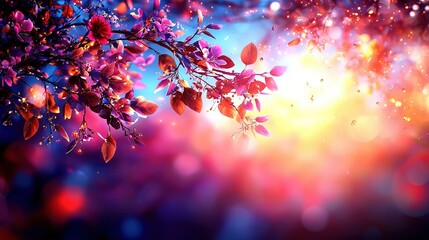 Poster -  A well-focused photograph of a vibrant tree with pink and purple blossoms in the foreground, and a vivid blue sky in the background