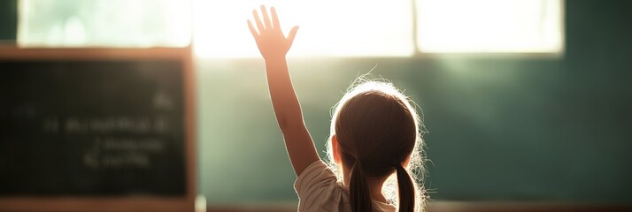 Aufkleber - Pupil raising hand to answer teacher's question in brightly lit classroom, symbolizing eagerness to learn and participate in elementary school education