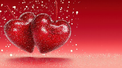 Poster -   Red heart duo on pink-red backdrop with mini air bubbles