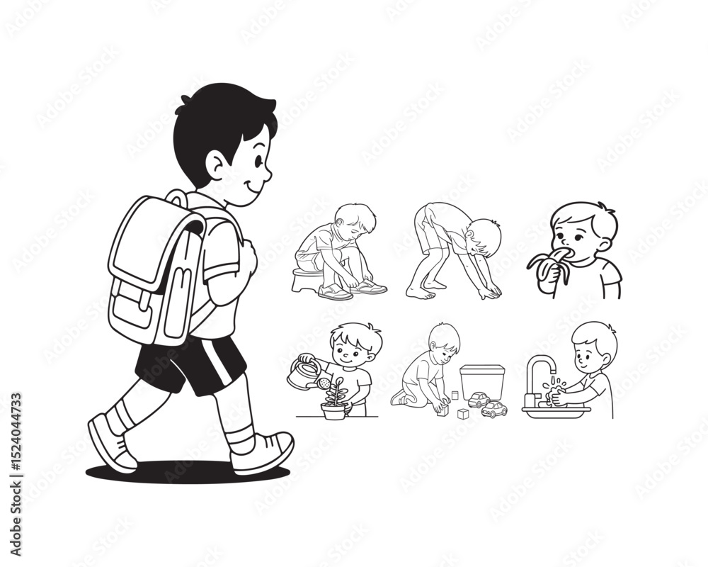 Schoolboy walking backpack daily routine activities kids Stock Vector ...