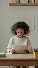 Poster - Young student engaging with digital tablet, studying online educational resources at home workspace, surrounded by textbooks and colorful art supplies, representing contemporary learning approach