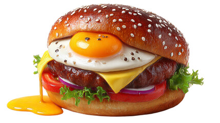 Aufkleber - a close up of a burger with a fried egg cheese tomato onion and lettuce on a sesame seed bun top on 