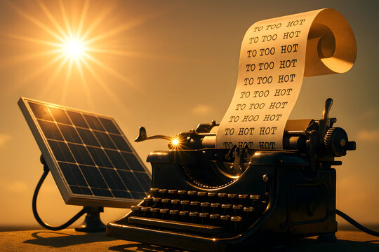 Vintage typewriter with printed text and solar panel under sunlight, concept of Heatwave survival  