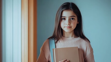 Aufkleber - Portrait of a young female student carrying a book and a backpack, standing indoors, possibly in a school setting, conveying a sense of readiness for learning and education