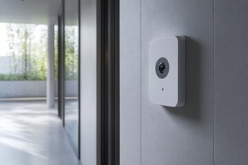 Poster - Security system installation in a modern indoor hallway with clear surveillance camera placement