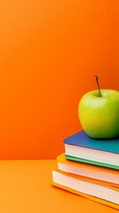Aufkleber - Vibrant still life showcasing education with a green apple sitting atop a stack of colorful books against a vivid orange backdrop, symbolizing a fresh start to the academic year