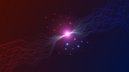 Poster - Quantum particle interaction with glowing lines and dots on dark background
