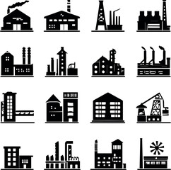 Wall Mural - black and white industrial factory building icon collection vector set for production and architectu