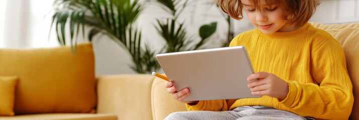 Aufkleber - Smiling young pupil enjoying online education using digital tablet and stylus, sitting comfortably on sofa in cozy living room, embracing modern learning technologies