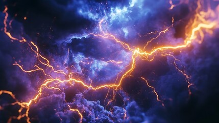 Wall Mural - Dramatic lightning strikes across ominous clouds with intense orange and blue hues atmospheric electric storm