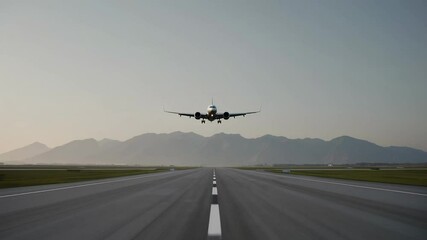 Aufkleber - Passenger jetliner touching down smoothly on airport runway, mountainous landscape stretching behind wide body aircraft during daytime flight approach